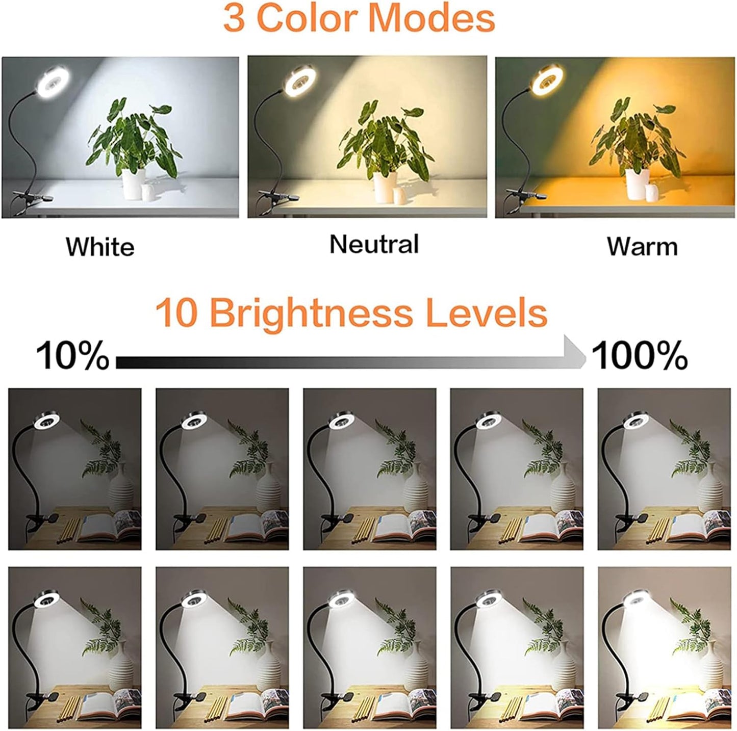 Lámpara estudio LED con clip 3 modos 10 brillos