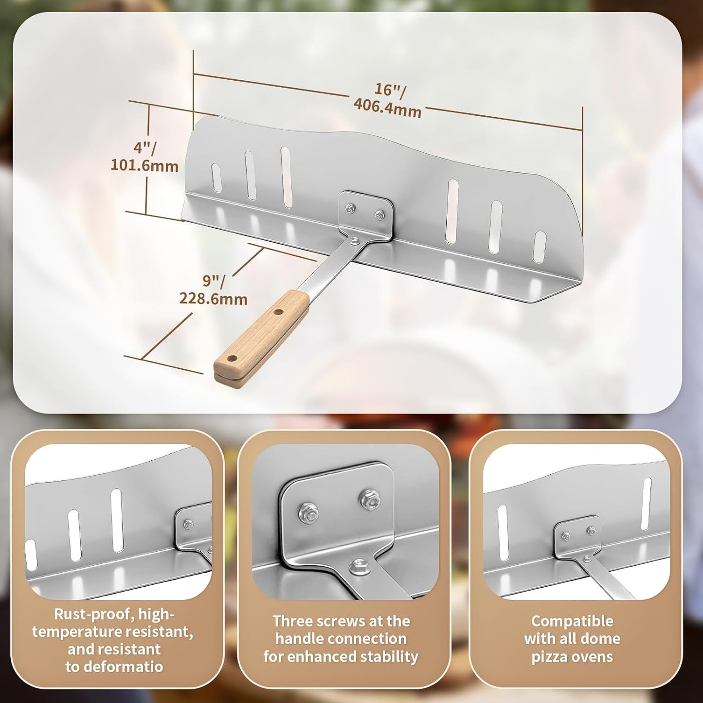 Puerta deflector horno pizza acero inox 16x4pulg madera resistente