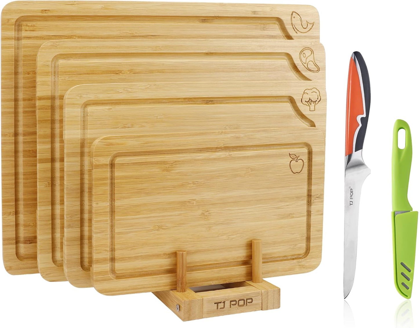Set 4 Tabla Cortar Bambú con Cuchillo Acero Inox