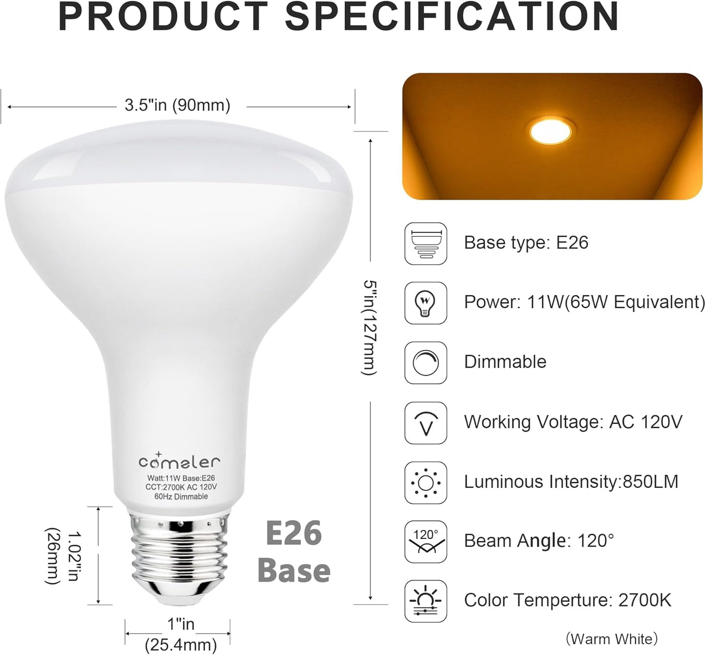 Pack 6 Bombillas LED BR30 2700K Blanco Calido E26 Regulables