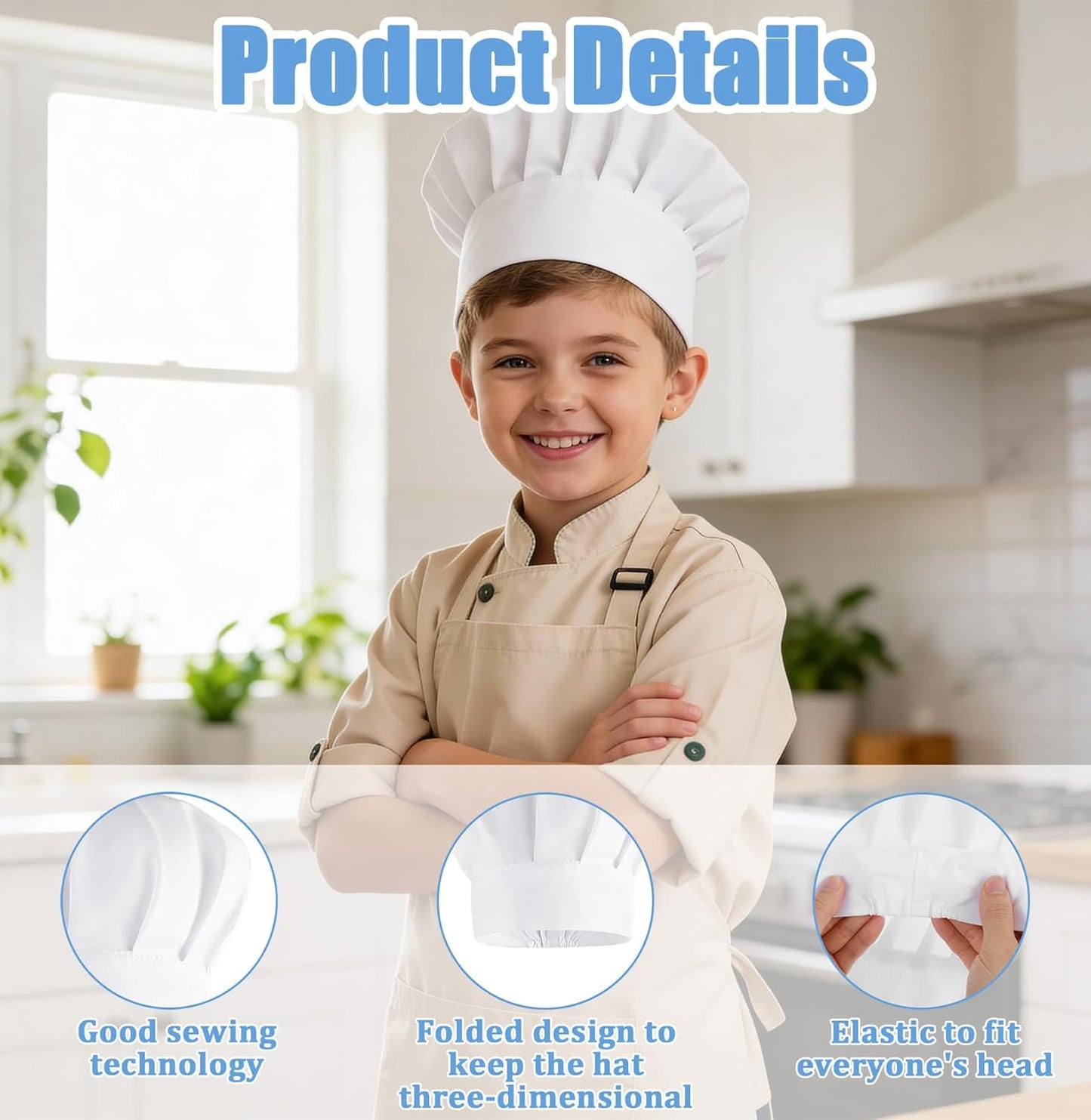 4 Sombreros Chef Niños Ajustables Blanco