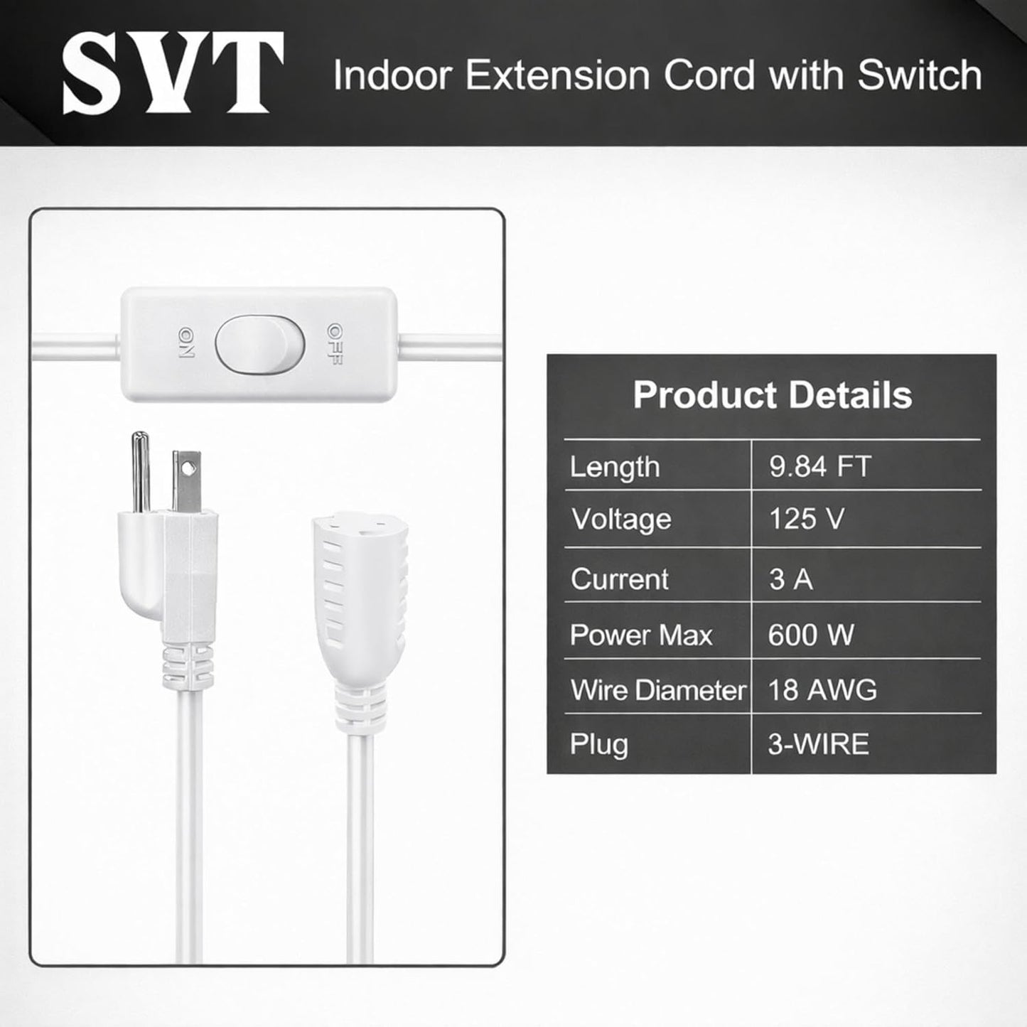 Cable extensión con interruptor 3 clavijas 9.84ft blanco