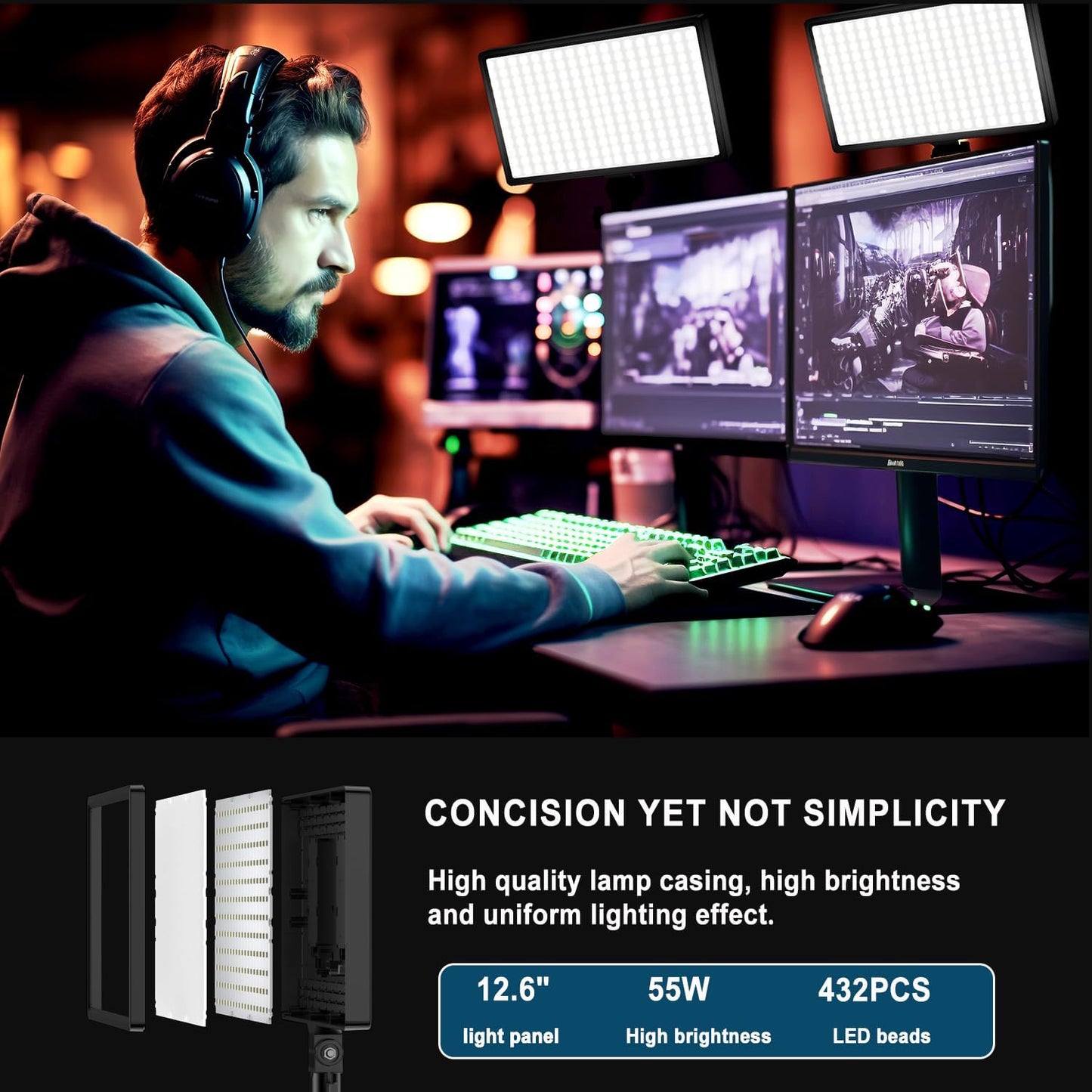 2 Luces LED Video Soporte Regulable Bicolor 50W Negro