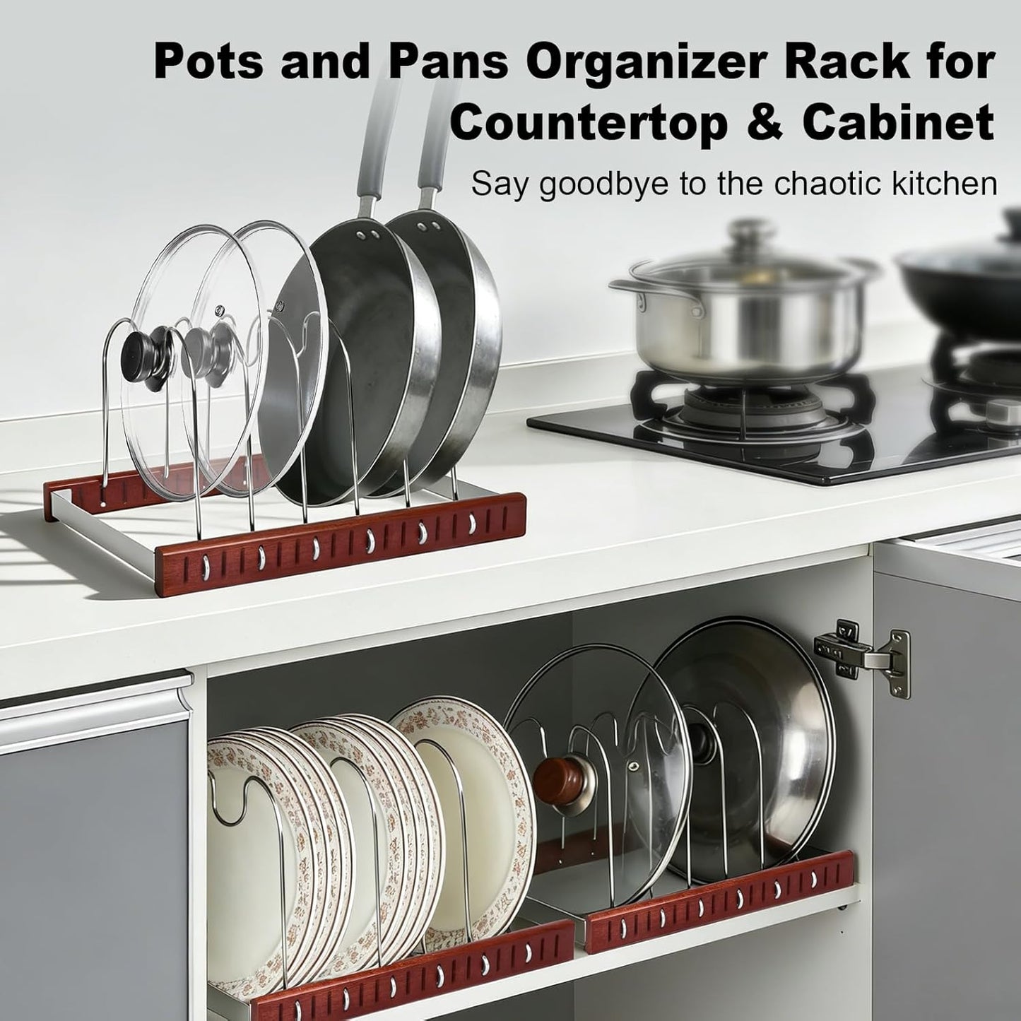 Organizador de tapas de olla y sartén con base de roble para cocina