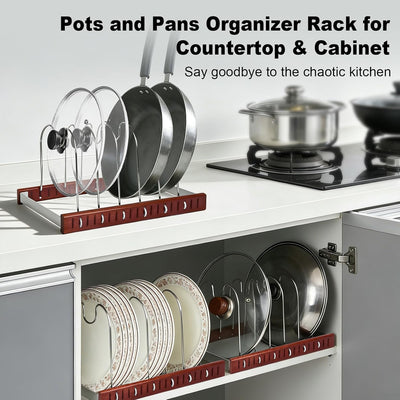 Organizador de tapas de olla y sartén con base de roble para cocina
