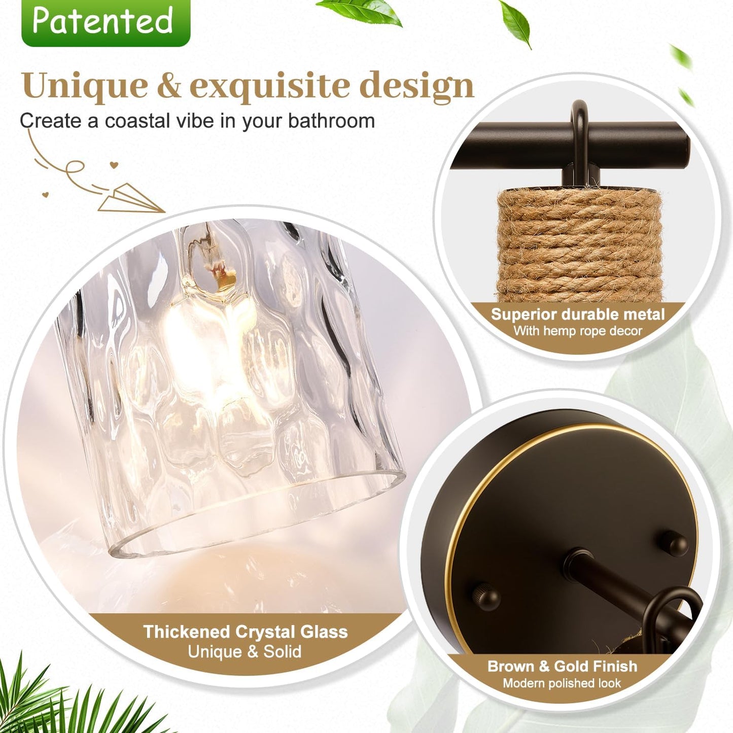 2 Pzas Apliques Baño Luces Tocador Vidrio Marrón Dorado