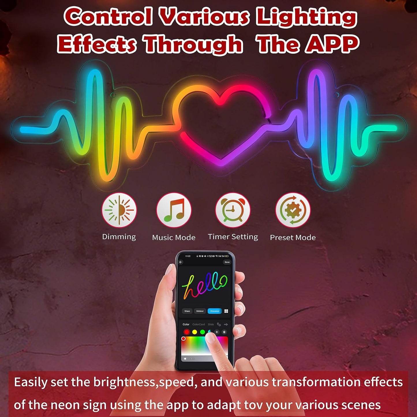 Letrero neón corazón amor ECG RGB regulable USB