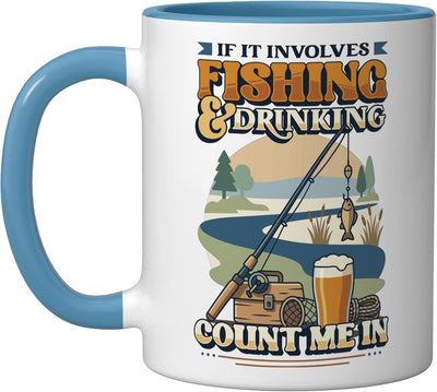 Taza cerámica para pescador con dibujo de pesca y bebida azul/blanco