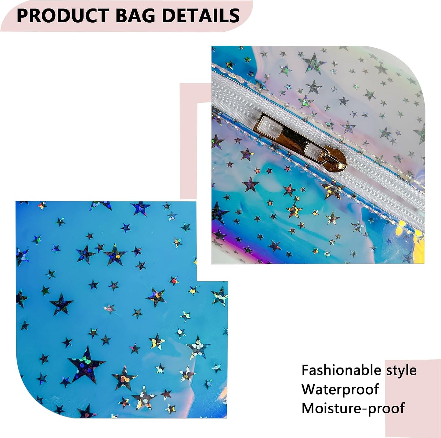Neceser PVC impermeable holográfico verde estrellas rosadas