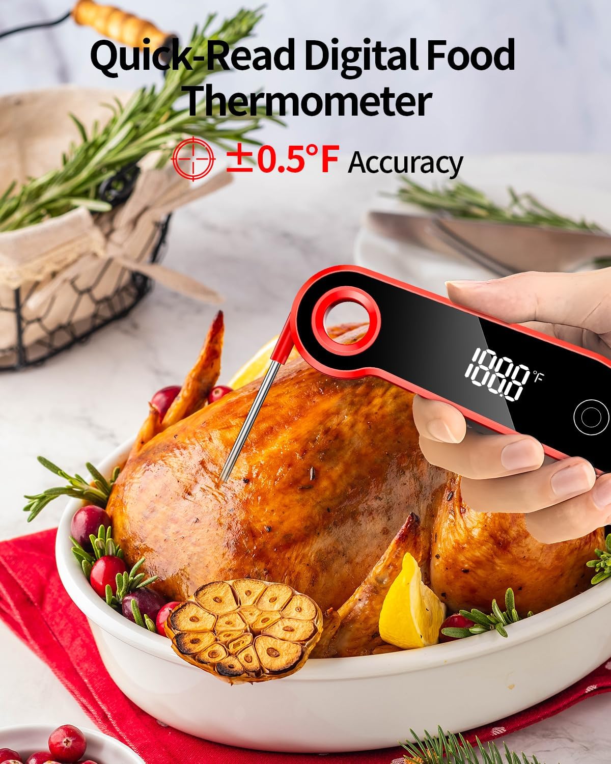 Termómetro digital carne ±0.5°F impermeable IP67 pantalla giratoria