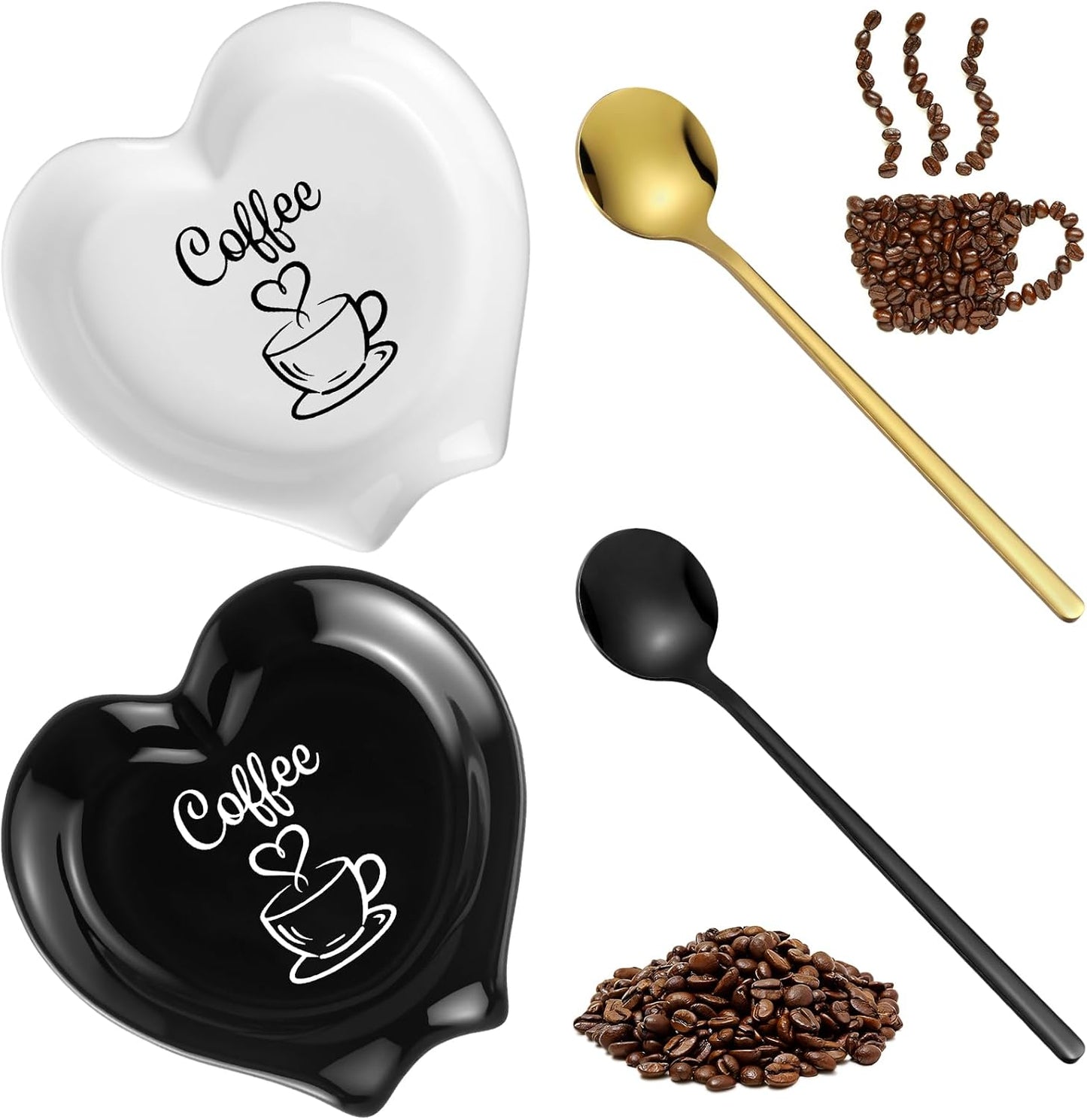 Soporte de cuchara de café de cerámica con cuchara de corazón negro y blanco