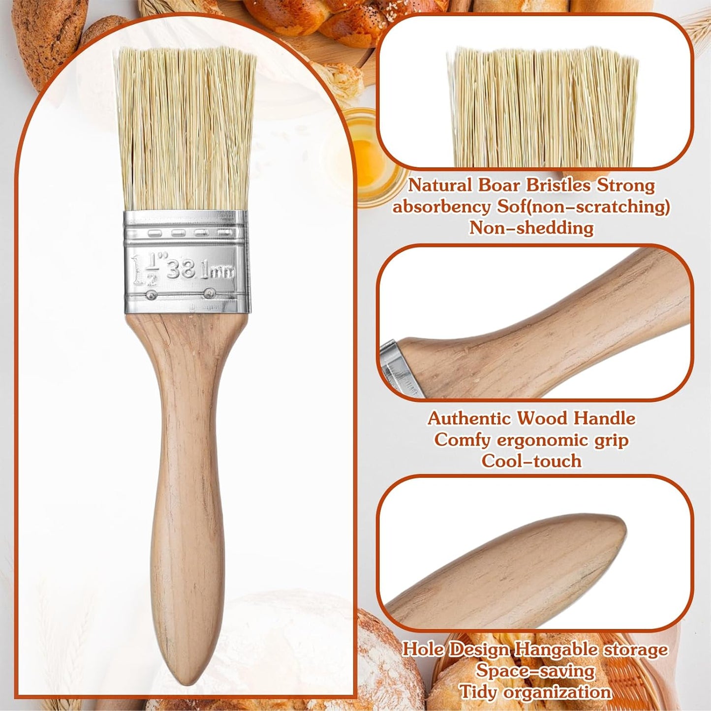 3 Cepillos Pastelería Cerdas Jabalí Mango Madera 1 1/2pulg