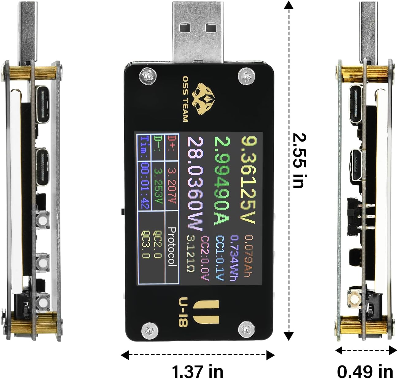 Medidor potencia USB-C digital 4-24V 0-6.5A