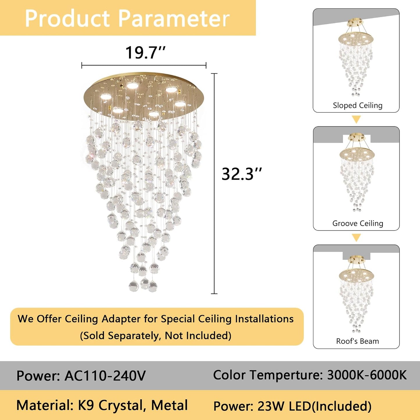 Lámpara de techo cristal K9 con control remoto para sala comedor