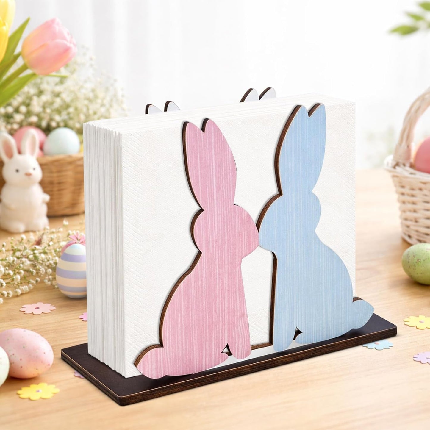 Servilletero Pascua madera conejito rosa dispensador pañuelos