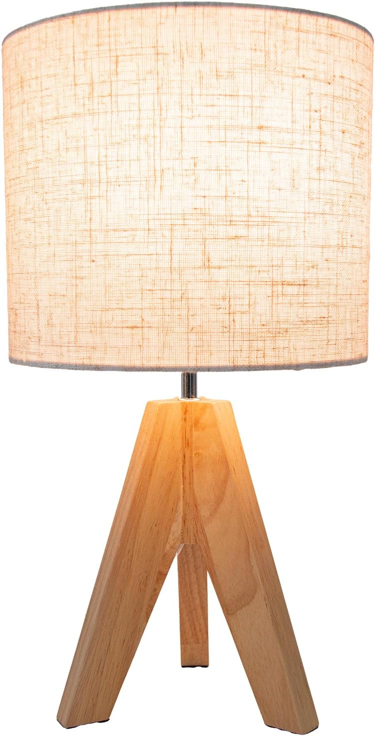Lámpara mesa moderna trípode tela blanca base madera dormitorio
