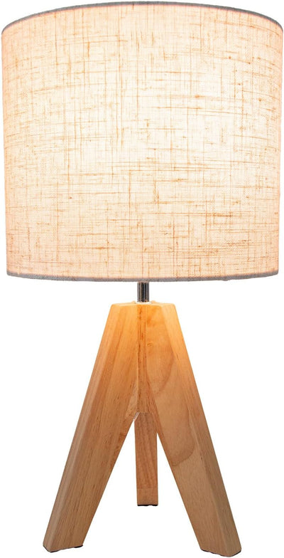 Lámpara mesa moderna trípode tela blanca base madera dormitorio