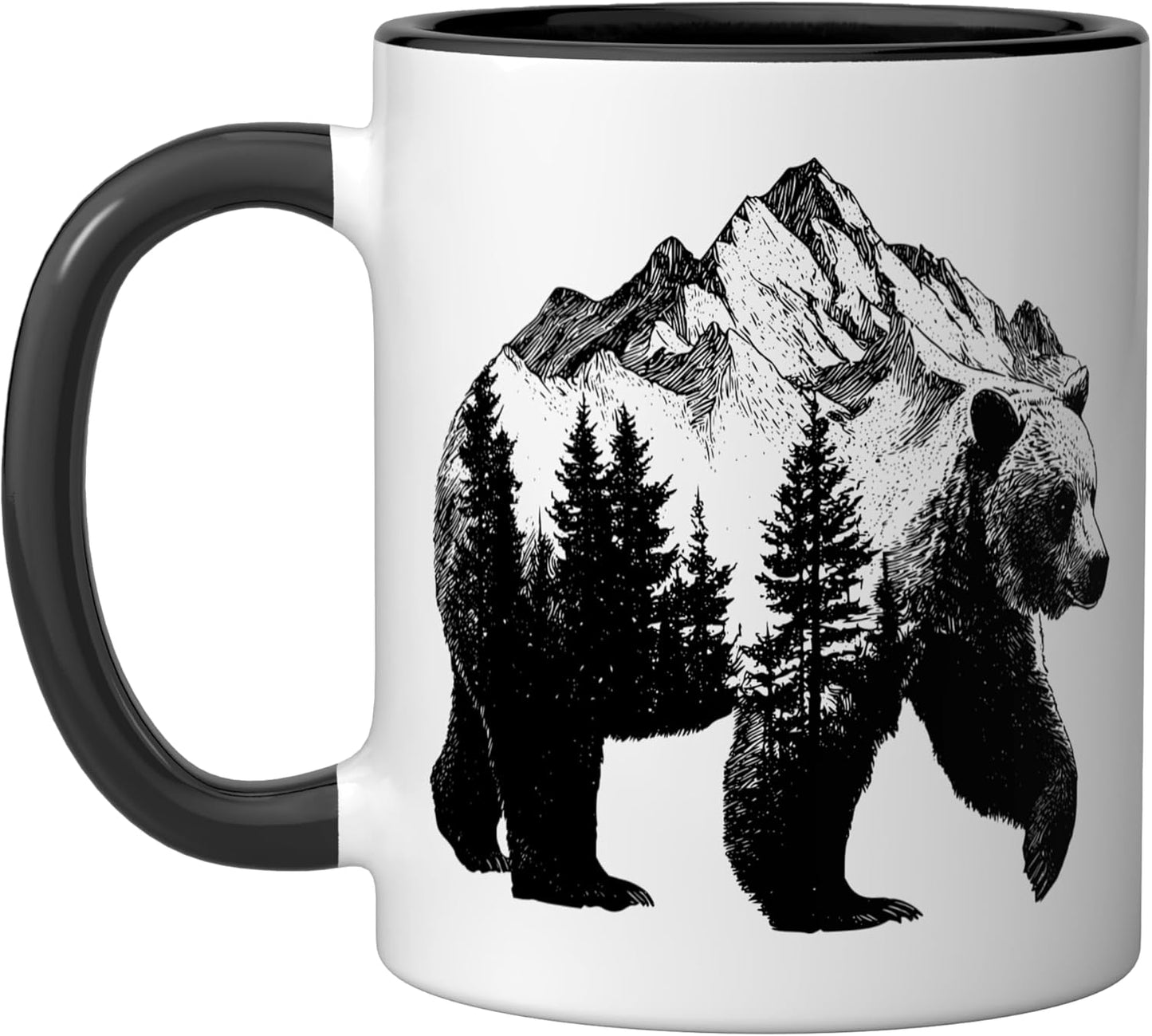 Taza cerámica arte grizzly bear cabeza montaña artística negra/blanca