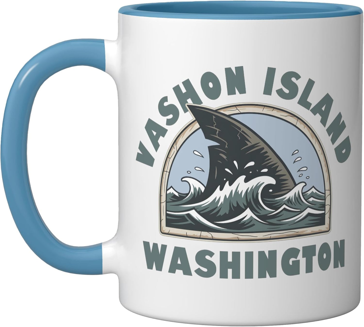 Taza cerámica recuerdo vacaciones Vashon Island Washington con forma de aleta de tiburón azul/blanco
