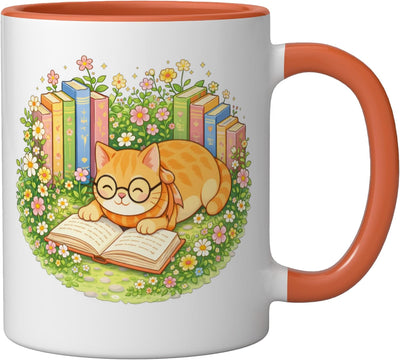 Taza cerámica de gato kawaii con flores en naranja y blanco