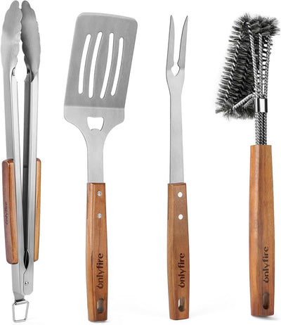 Set 4 Utensilios Acero Inox Barbacoa Espátula Pinza Tenedor Cepillo