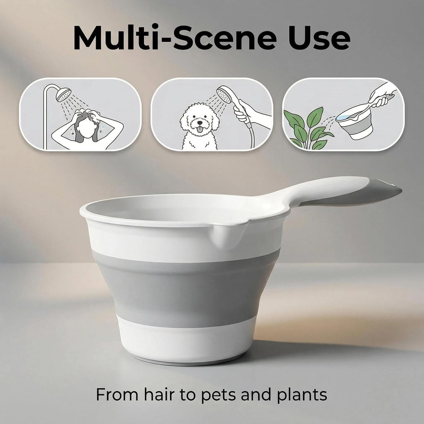 Taza de enjuague de baño de silicona con vertedor gris y blanca para cabello y mascotas