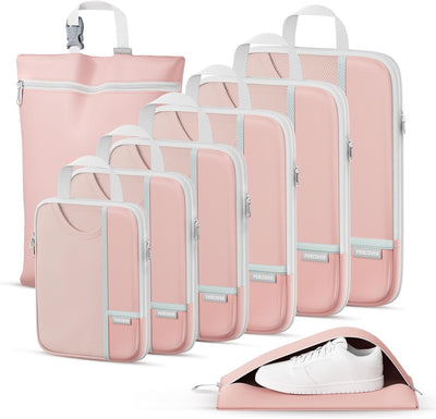 Set 8 Cubos Compresión Viaje con Bolsa Lavandería y Zapatos Rosa