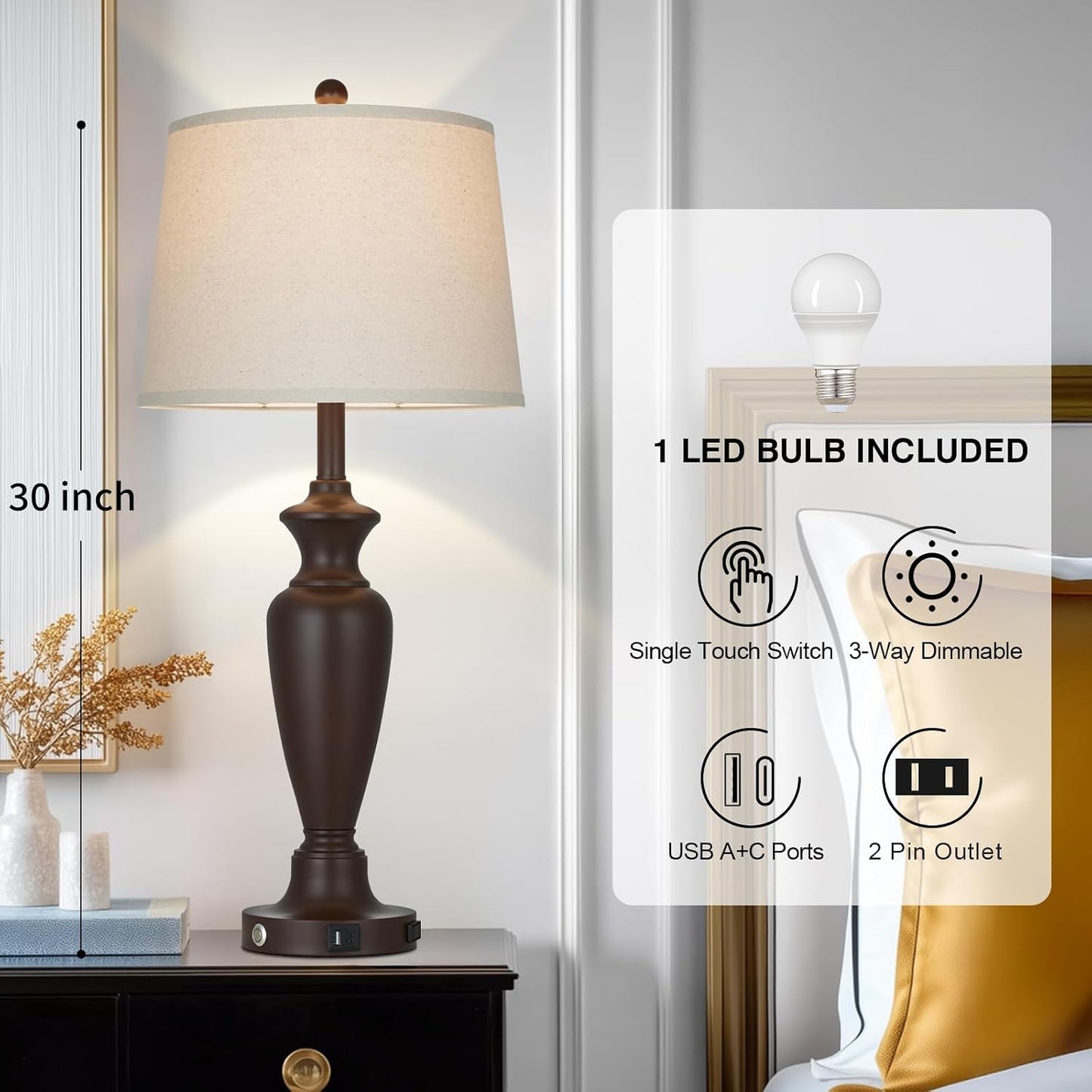 Lámpara mesa marrón 30pulg sala dormitorio tactil USB