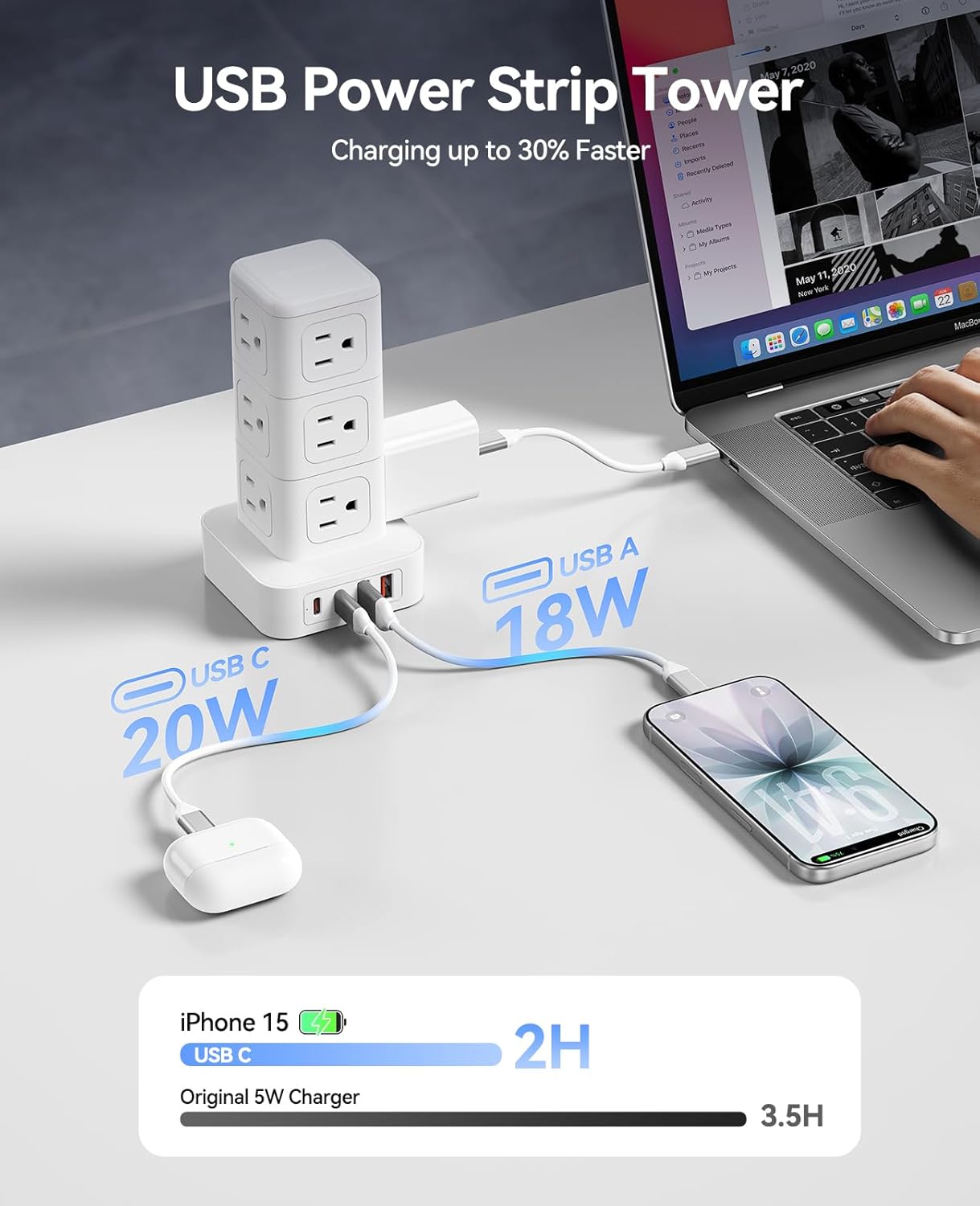 Regleta alimentación torre con sobretensiones 12 salidas CA 4 USB