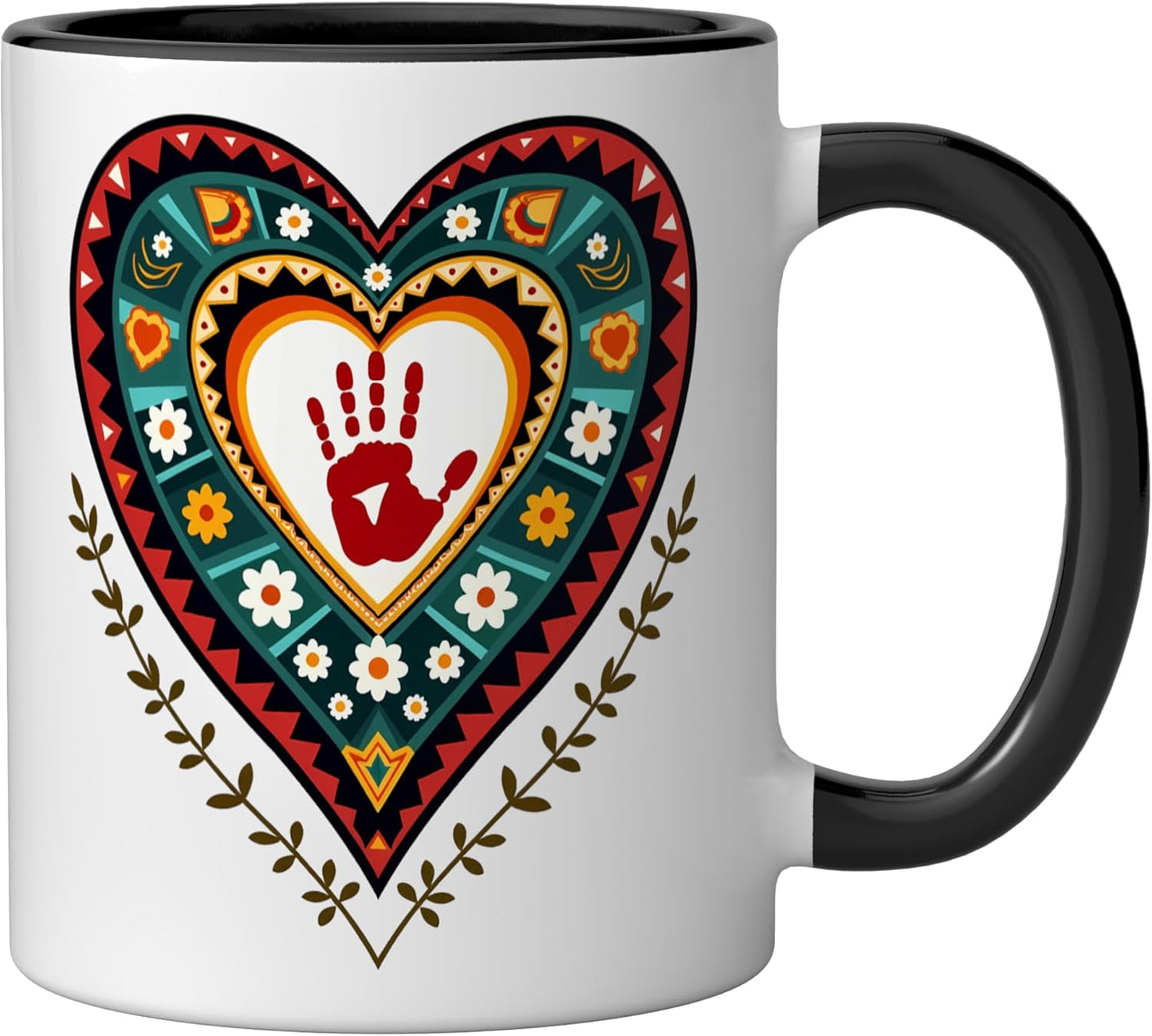 Taza cerámica forma corazón rojo sangre indígena nativo americano negro/blanco