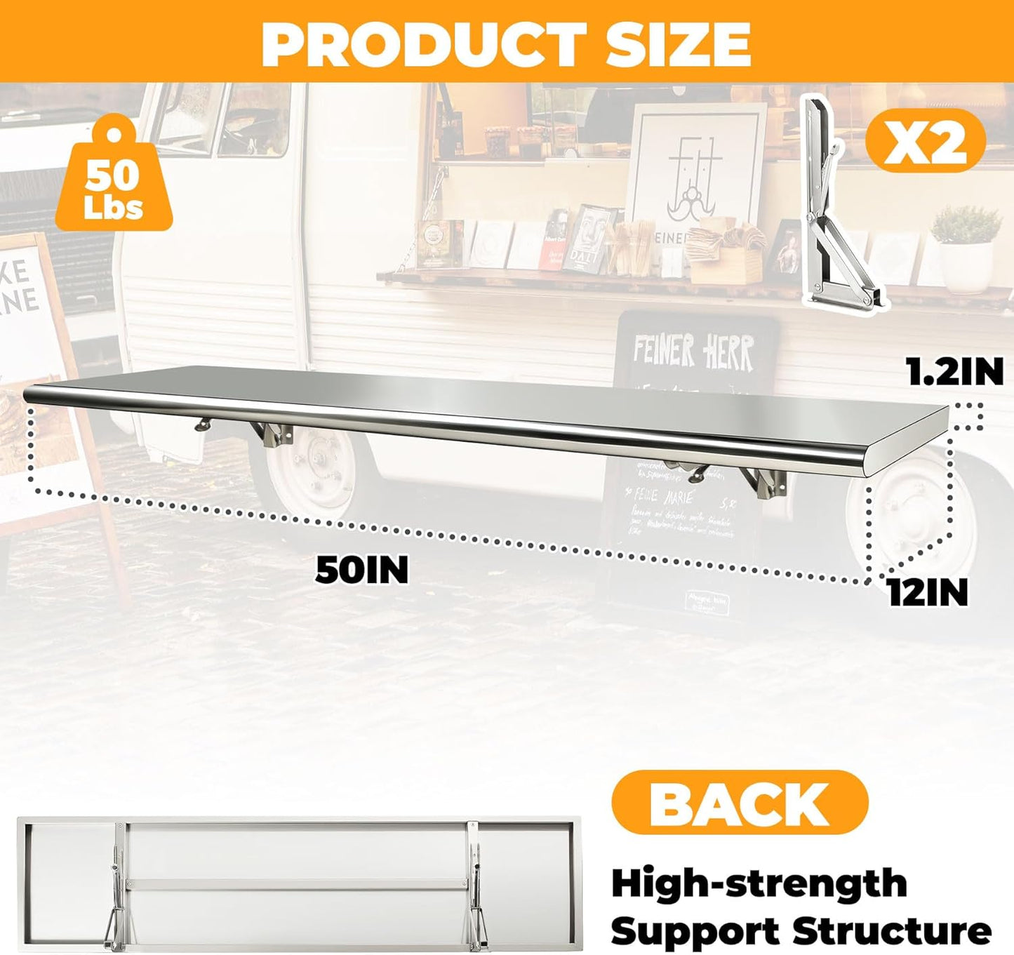 Estante plegable acero inox 50x12pulg para concesiones