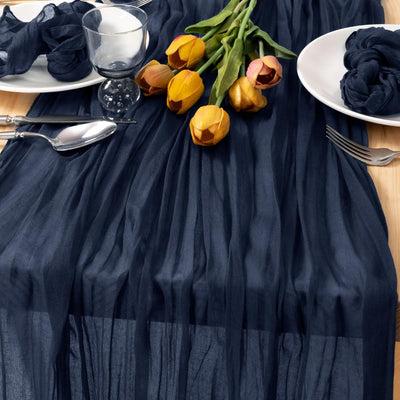 Camino mesa gasa rústica azul marino 35x120pulg para boda