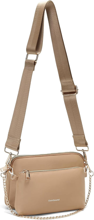Bolso bandolera 3en1 mujer cuero y nailon dorado marrón