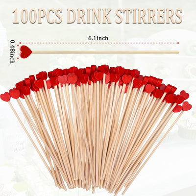 100 Palitos Madera Corazón 6pulg para Bebidas y Fiesta