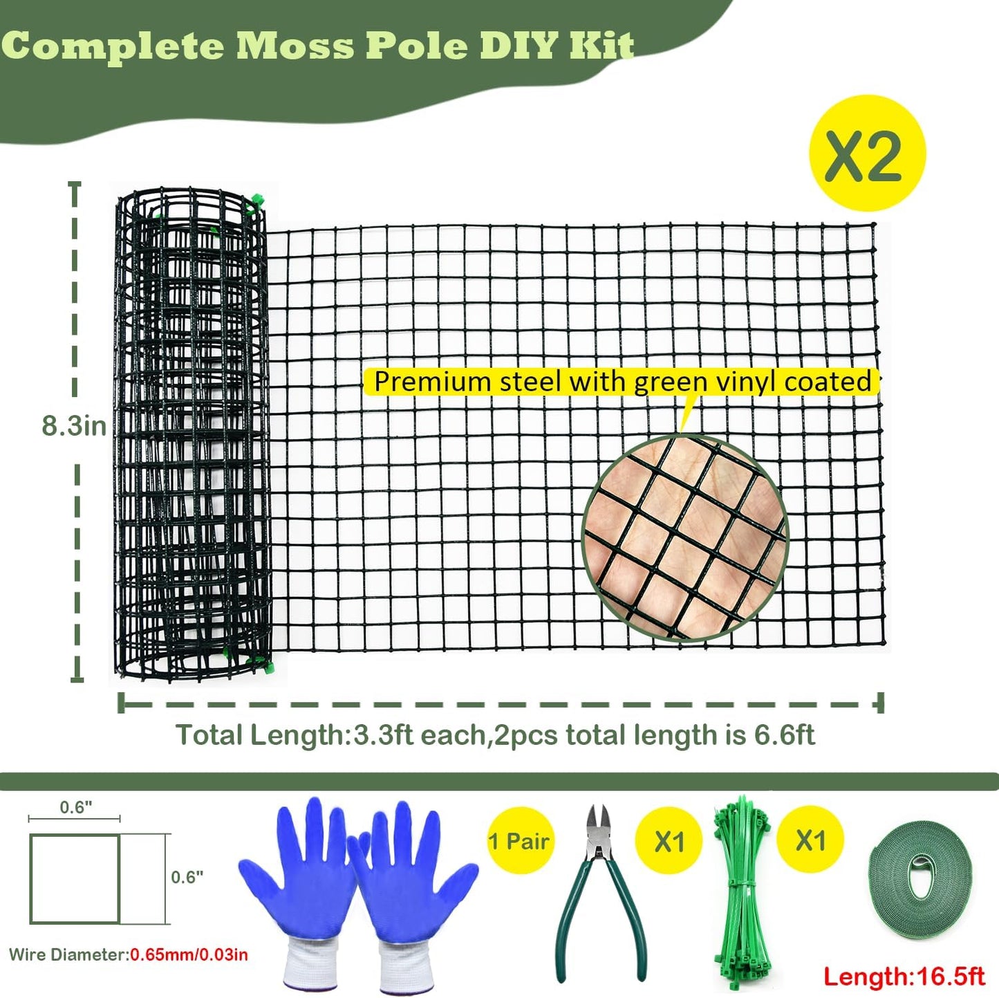 Kit poste musgo metal 6.6-26.4ft para Monstera malla acero 8.3x3.3ft