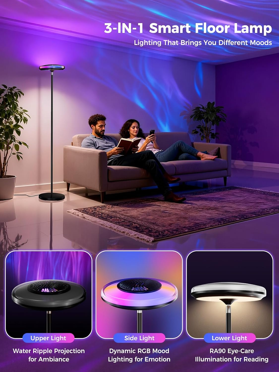 Lámpara pie RGBWW 66.8pulg con luz lateral y lectura