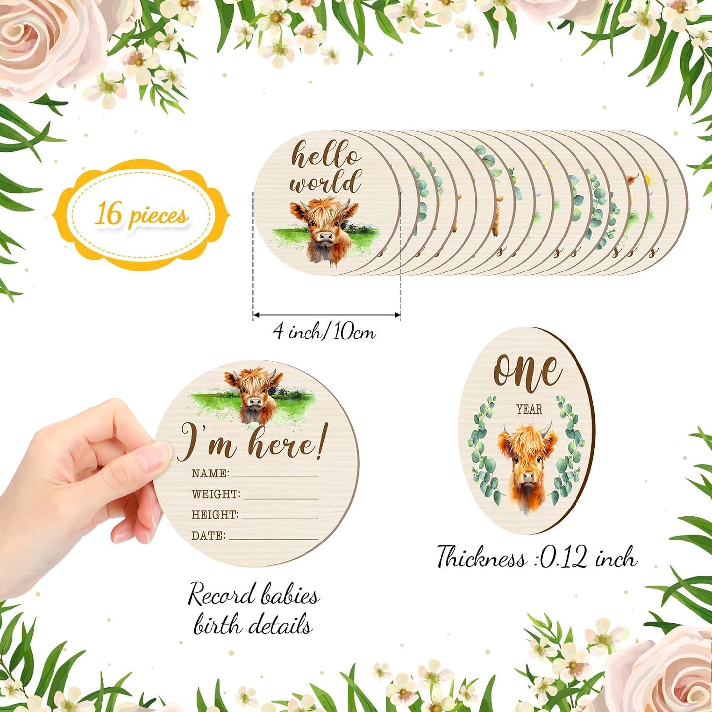 16 Tarjetas Madera Meses Bebé Doble Cara Baby Shower
