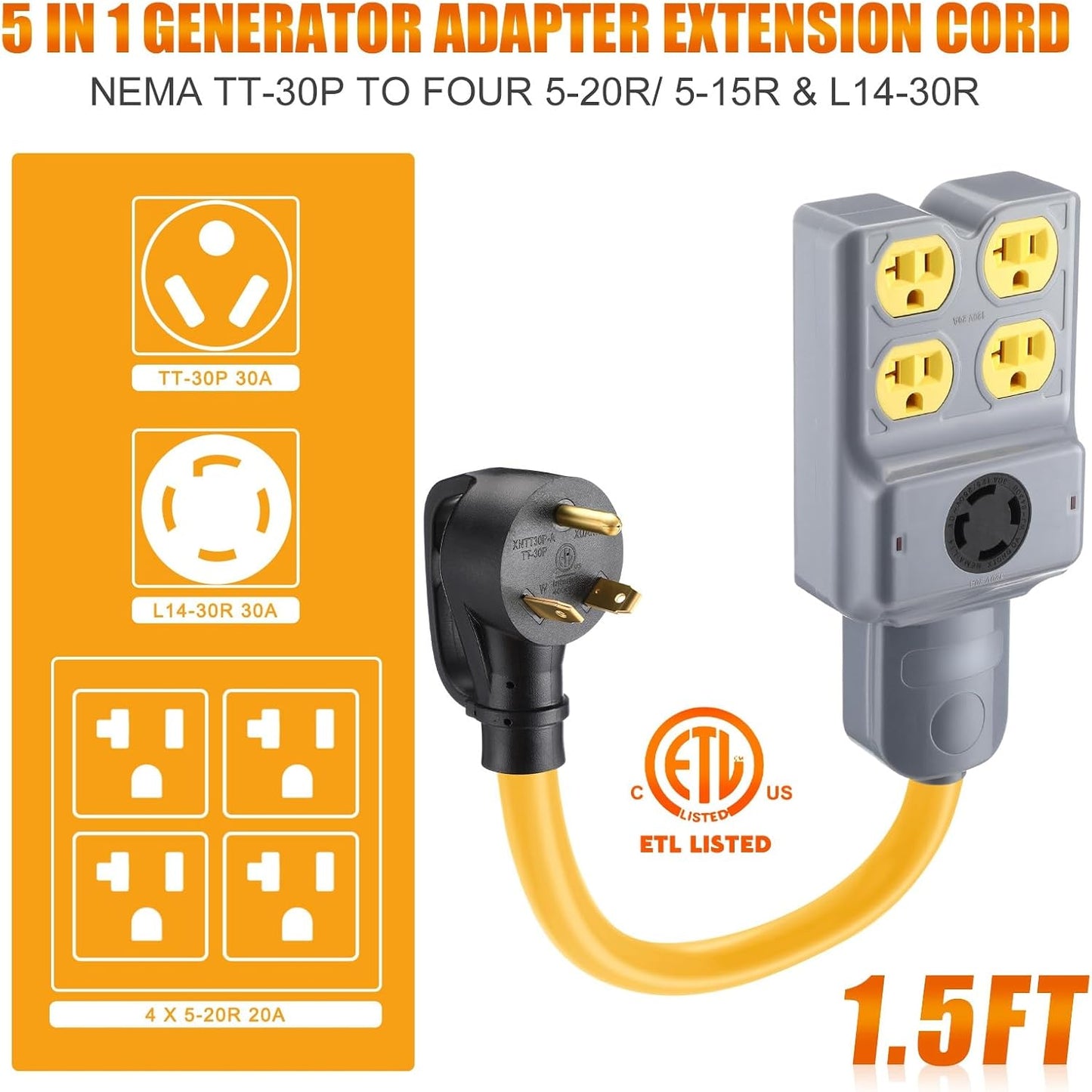 Cable extensión generador RV 1.5pulg NEMA TT-30P a 5-20R/5-15R y L14-30R