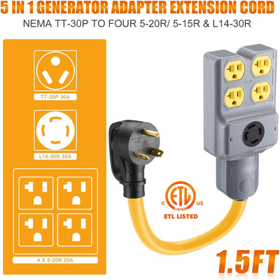 Cable extensión generador RV 1.5pulg NEMA TT-30P a 5-20R/5-15R y L14-30R