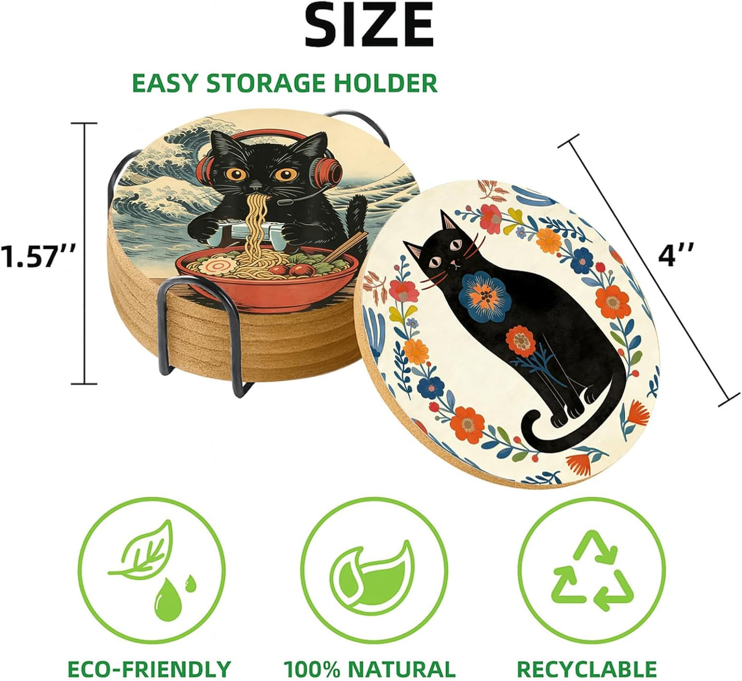Juego de 6 posavasos con soporte de corcho absorbente gato ninja japonés anime