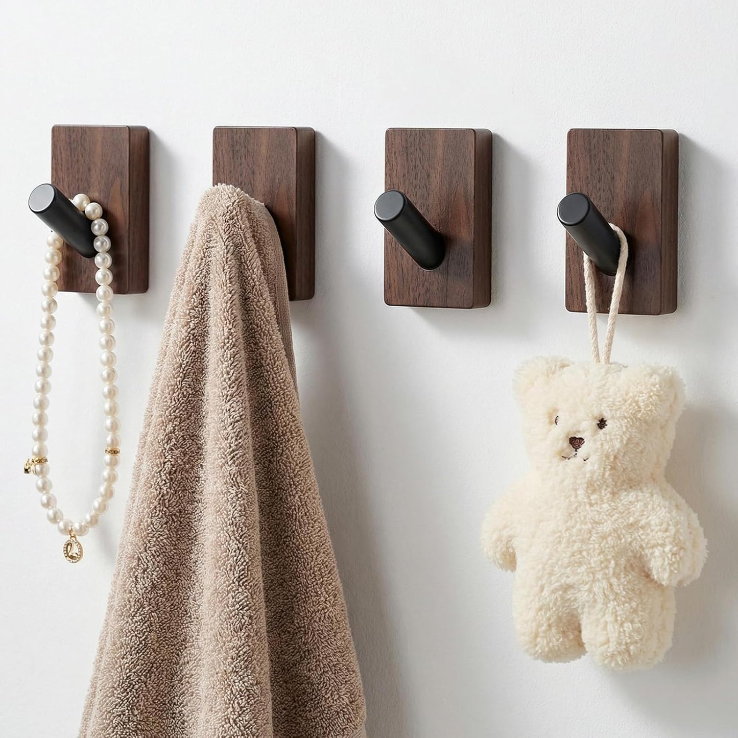 4 Ganchos Pared Madera Nogal Adhesivos Resistentes