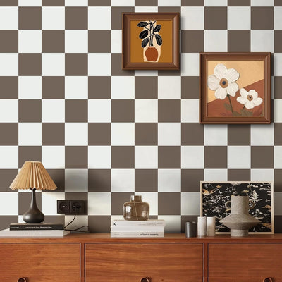 Papel tapiz a cuadros marrón vintage 17x78pulg mosaico neutro