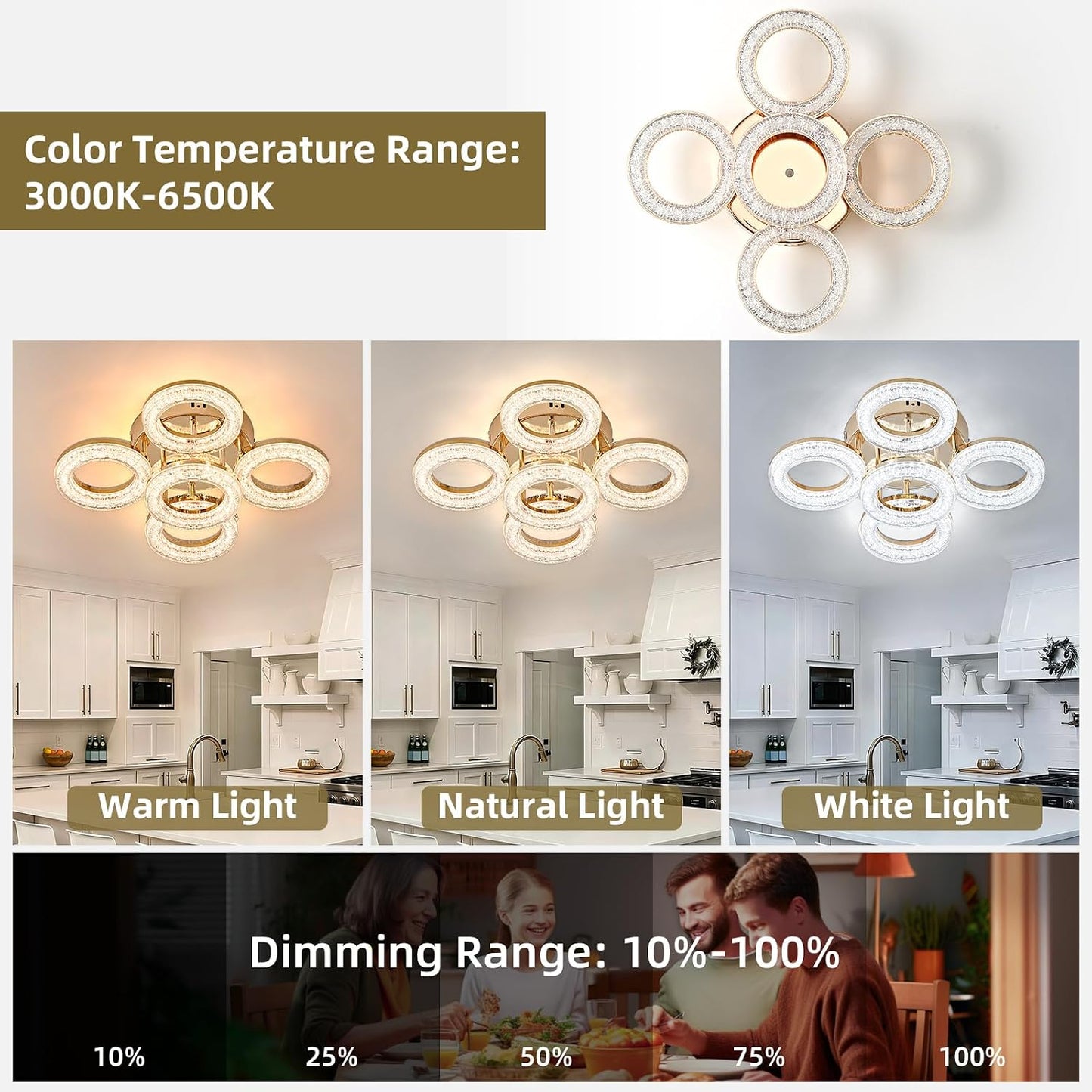 Lámpara techo moderna 5 anillos LED regulable control remoto dorado