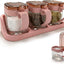 Set 3 tarros vidrio rosa con tapas y asas para especias café