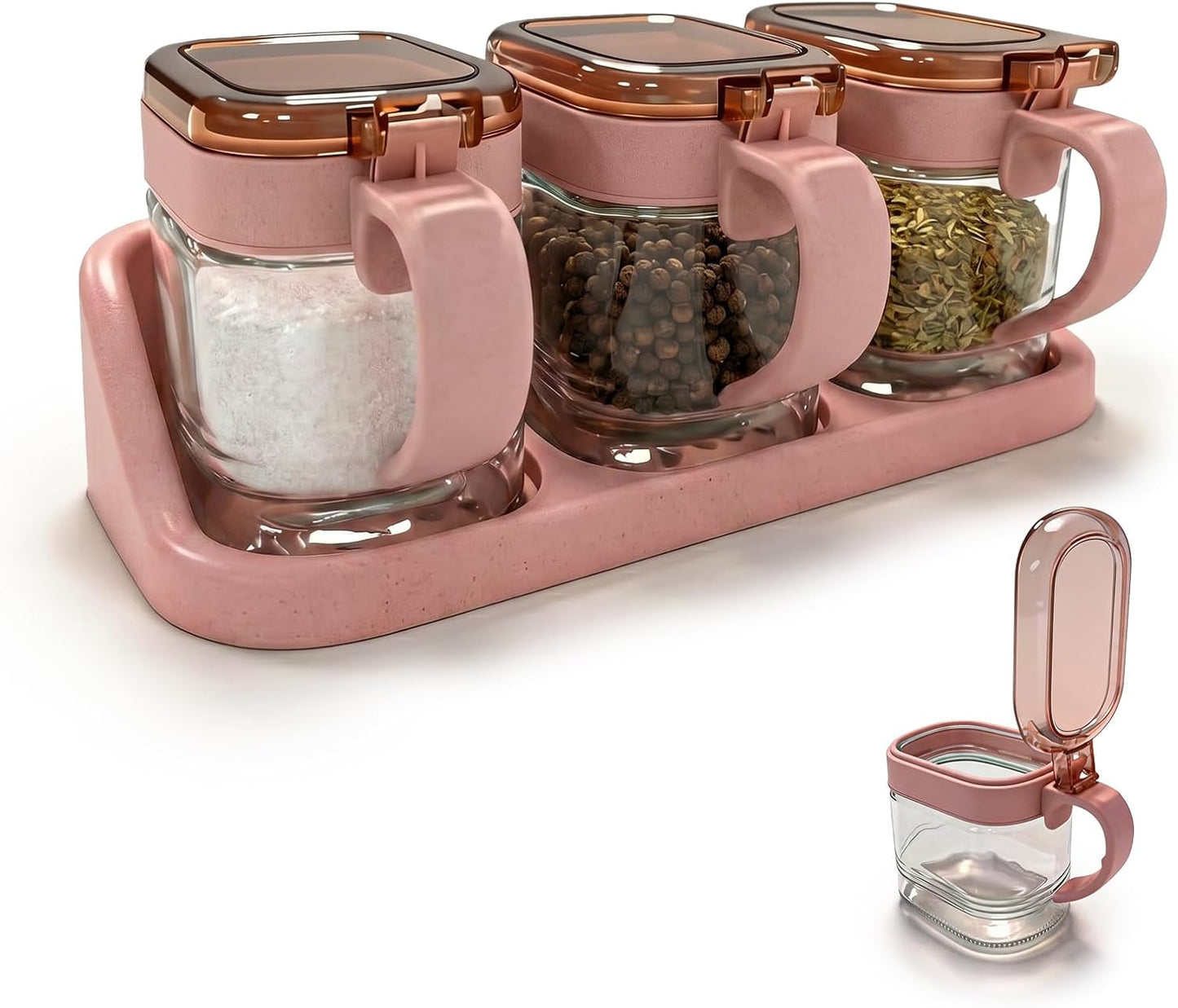 Set 3 tarros vidrio rosa con tapas y asas para especias café