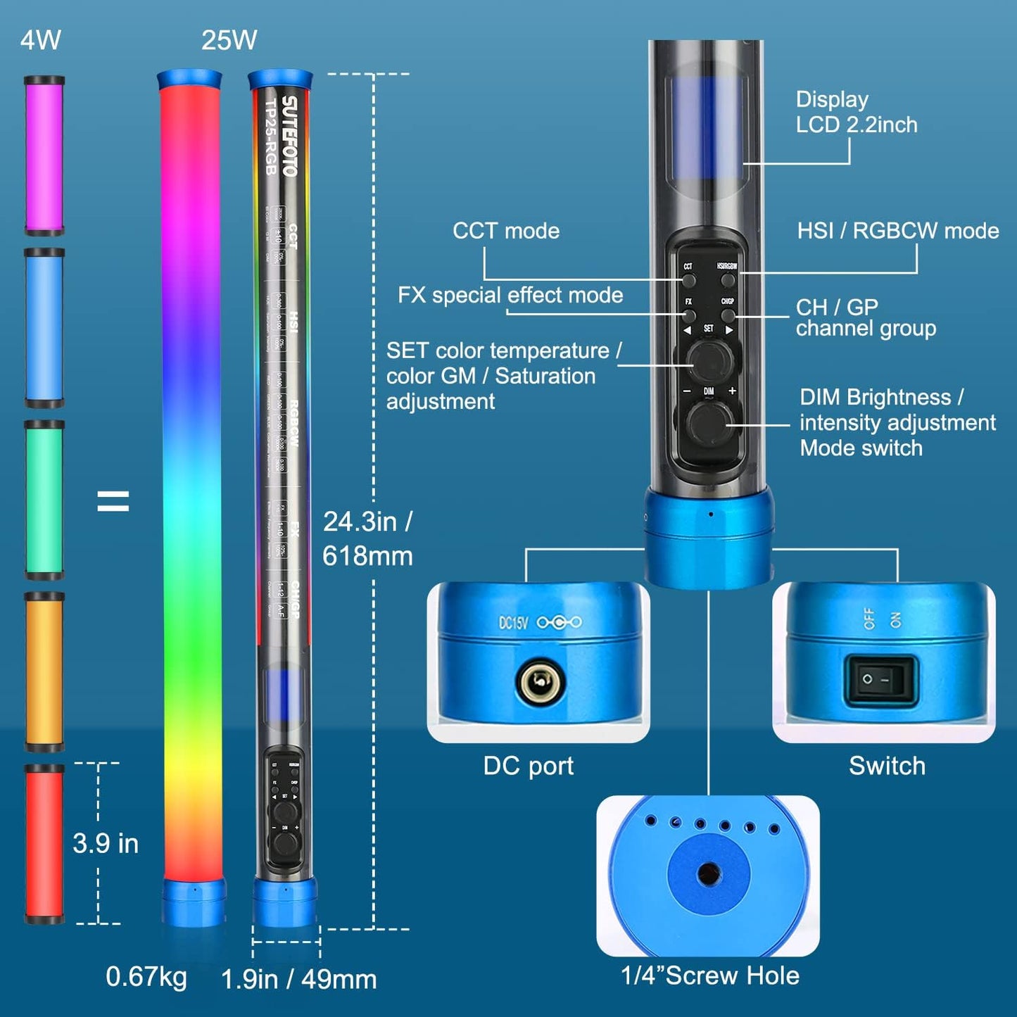 Varita luz mano 24pulg LED RGB 2800K-10000K
