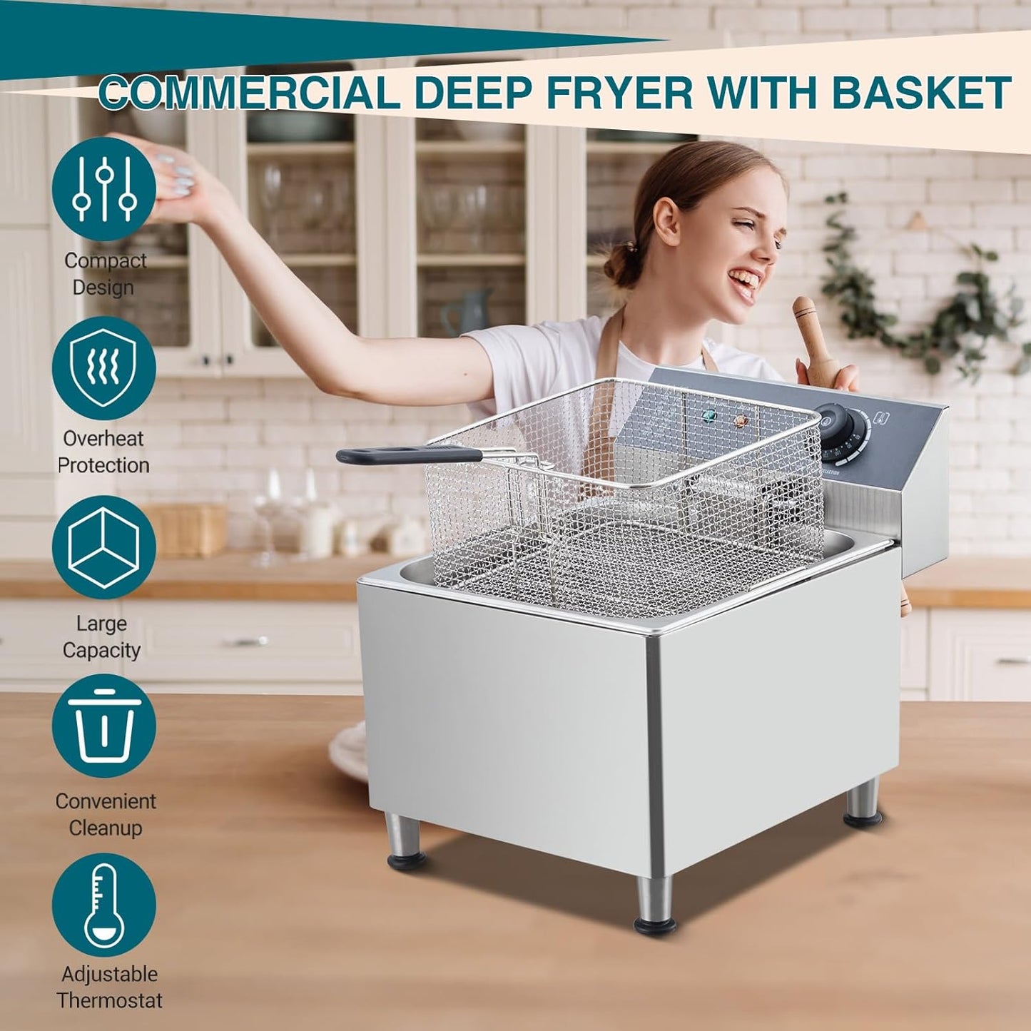 Freidora eléctrica acero inox 11L con canastas control temp 1700W