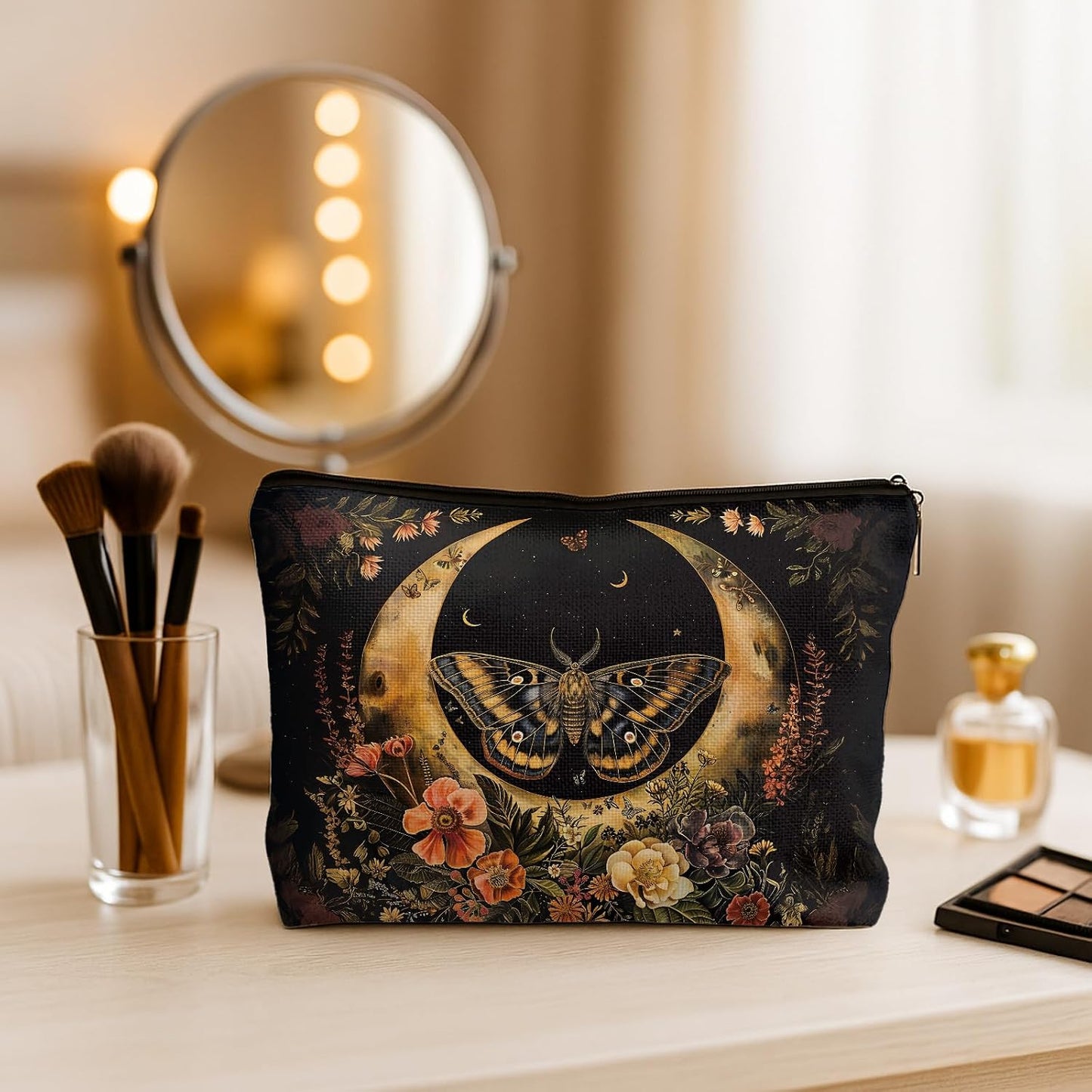 Bolsa maquillaje floral con libélula oscura vintage