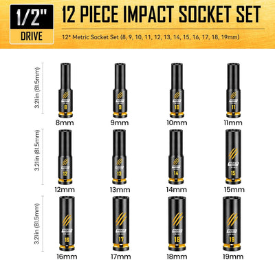 Juego llaves vaso impacto 1/2 pulg acero CR-MO 6 puntos