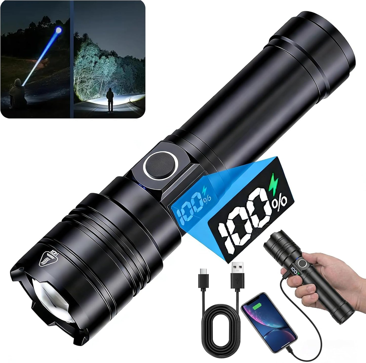Linterna recargable USB con pantalla LCD 5 modos impermeable